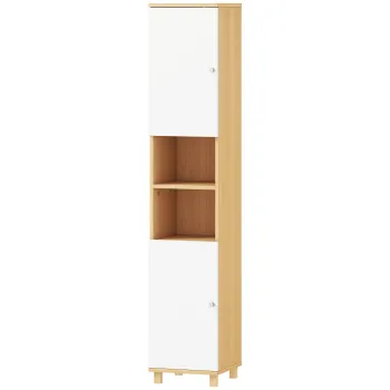 HOMCOM Dulap de Baie inalt cu Usi, 2 Rafturi Deschise, 2 Dulapuri, Dulap de Baie Economisitor de Spatiu cu Rafturi Reglabile pentru Sala de Mese Sufragerie, 30x30x166 cm, Alb si Lemn | Aosom Romania 12a9 imagine