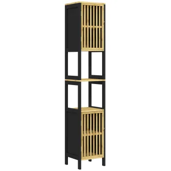HOMCOM Dulap de Baie Inalt, Dulap de Baie Subtire din Bambus cu 2 Compartimente Deschise, 2 Usi cu Gratare si Rafturi Reglabile, 32x30x172 cm, Negru bb9e imagine