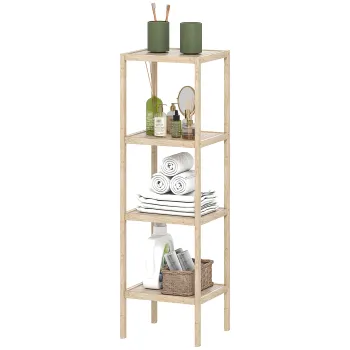 HOMCOM Dulap de Baie Modern cu 4 Rafturi Anti-Rasturnare, Dulap de Baie din Bambus si Lemn, 33x31x110 cm, Lemn Natural | Aosom Romania c11f imagine