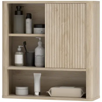HOMCOM Dulap de baie montabil pe perete cu rafturi reglabile, usa glisanta si rafturi deschise, lemn natural | Aosom Romania 2ea0 imagine