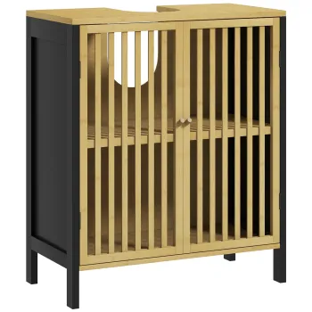 HOMCOM Dulap de Baie Sub Chiuveta, Dulap de Depozitare, Chiuveta Bambus, Unitate de Baie cu 2 Usi cu Lamele, 60x30x70 cm, Natural 2175 imagine