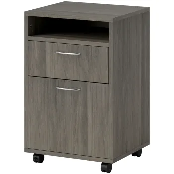 HOMCOM Dulap de Birou cu 4 Roti, Raft Deschis si 2 Sertare, Mobilier de Birou din Lemn si Metal, 40x35x60 cm, Maro | Aosom Romania 81c2 imagine