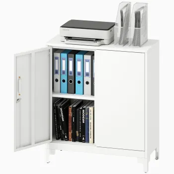 HOMCOM Dulap de birou din metal, usi cu inchidere, comoda de birou, design in 2 nivele, Alb | Aosom Romania 4a5c imagine