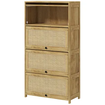 HOMCOM Dulap de Bucatarie Boho, Dulap de Depozitare de Bucatarie din Ratan cu 4 Usi Rabatabile, Natur 7460 imagine