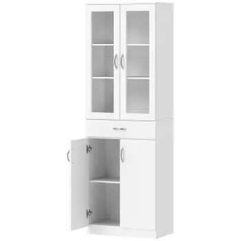 HOMCOM Dulap de bucatarie Bufet cu raft reglabil, sertar, 2 usi, dulap inalt cu usa din sticla, 60 x 35 x 180 cm, Alb | Aosom Romania 4637 imagine