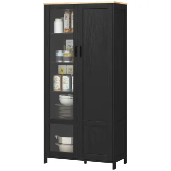 HOMCOM Dulap de Bucatarie cu 9 Rafturi Reglabile, cu Usi de Sticla si Baza Inaltata din Lemn, 76x36x160 cm, Negru | Aosom Romania bb1c imagine