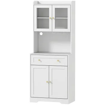 HOMCOM Dulap de bucatarie cu blat, suport pahare de vin, dulap de depozitare pentru bucatarie, sufragerie, 170 cm, MDF, sticla, Alb | Aosom Romania a6a8 imagine