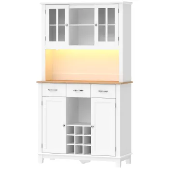 HOMCOM Dulap de bucatarie cu iluminare LED control prin APP blat pentru microunde suport pentru sticle usi din sticla Alb | Aosom Romania 1488 imagine