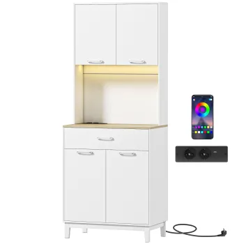 HOMCOM Dulap de bucatarie cu lumini LED Statie de incarcare 4 usi Sertar Blat deschis 71x40x180 cm Alb | Aosom Romania 4d96 imagine
