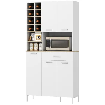 HOMCOM Dulap de bucatarie cu rafturi deschise, rafturi, raft pentru vin, dulap de provizii cu 5 usi, MDF, Alb | Aosom Romania f067 imagine