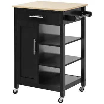 HOMCOM Dulap de Bucatarie cu Roti Dulap de Servire de Stil Contemporan - Usa, sertar, 3 rafturi - manere metal Blat Lemn de Hevea Negru | Aosom Romania 6fe2 imagine