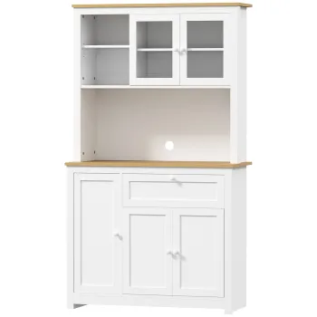 HOMCOM Dulap de bucatarie in stil country, 1 vitrina, 1 raft deschis, 1 sertar, 2 dulapuri, Natur + Alb | Aosom Romania 9a61 imagine