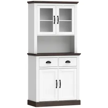 HOMCOM Dulap de bucatarie inalt cu usi din sticla 2 sertare rafturi reglabile compartiment deschis 80x38x170 cm Alb | Aosom Romania 46e4 imagine