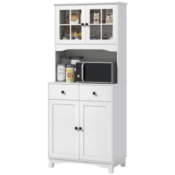 HOMCOM Dulap de bucatarie independent cu blat pentru cuptor cu microunde, cafetiera, dulapuri cu usi din sticla, Alb | Aosom Romania 424c imagine