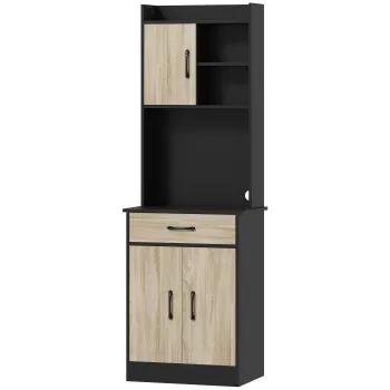 HOMCOM Dulap de Bucatarie, Mobilier cu Orificiu pentru Cabluri si Suprafata pentru Microunde, Dulap de Bucatarie cu Sertar, 3 Rafturi Deschise si Dulapuri, pentru Sufragerie, Living, Negru si Lemn | Aosom Romania 31d6 imagine