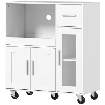 HOMCOM Dulap de bucatarie pe roti, comoda mobila de bucatarie cu rafturi, sertare, raft reglabil, orificiu pentru cablu, Alb | Aosom Romania 548a imagine