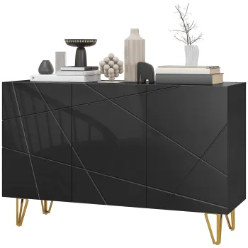 HOMCOM Dulap de Depozitare cu 2 Dulapuri si Raft Reglabil pe 3 Niveluri, Bufet Modern din PAL si Metal, 120x40x75 cm, Negru si Auriu ad29 imagine