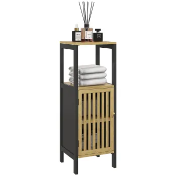 HOMCOM Dulap de Depozitare Ingust, Dulap de Baie Mic din Bambus cu Compartiment Deschis si Raft Reglabil, 32x30x90.5 cm, Negru 6043 imagine