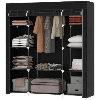 HOMCOM Dulap de depozitare penderie din material textil pliabil cu bara de suspendare si rafturi, 150 x 43 x 162,5 cm, negru | Aosom Romania ba2b imagine