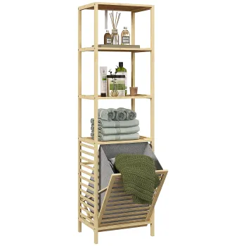 HOMCOM Dulap de Depozitare pentru Baie Inalta cu Cos de Rufe, Dulap de Baie Subtire din Bambus cu Cos si 3 Rafturi Deschise, 44x33x160 cm, Naturale eff0 imagine