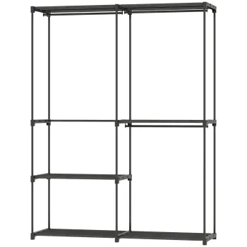 HOMCOM Dulap de Haine cu 2 Bare si 4 Rafturi, din Material Non-Tesut, Plastic si Otel, 142x43x185 cm, Negru | Aosom Romania ad6d imagine
