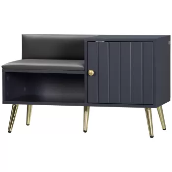 HOMCOM Dulap de pantofi de intrare cu scaun captusit, raft deschis si dulap, pentru 4 perechi de pantofi, lemn si metal, 80x33x49cm, gri | AOSOM RO 2deb imagine