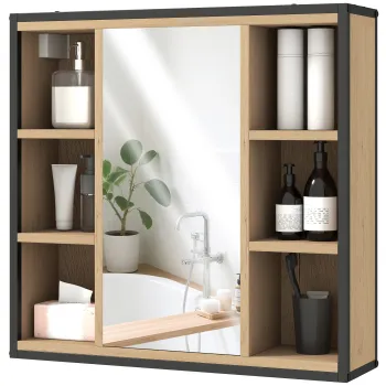HOMCOM Dulap de perete baie cu oglinda, 52 x 24,5 cm cu 6 compartimente deschise si raft reglabil, stejar | Aosom Romania e1a2 imagine