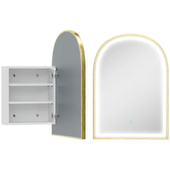 HOMCOM Dulap de perete pentru baie cu oglinda si iluminare LED, usa arcuita, anti-abur, 50x14,5x70cm, auriu | Aosom Romania d077 imagine