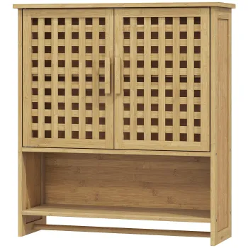 HOMCOM Dulap de perete pentru baie din bambus cu 2 usi ventilate, compartiment deschis si polita reglabila, lemn natural | Aosom Romania 0366 imagine