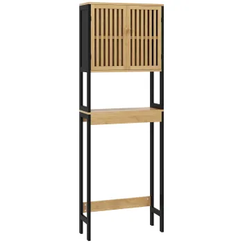 HOMCOM Dulap Deasupra Toaletei cu 2 Usi si Raft Deschis, Dulap de Baie cu Economie de Spatiu cu Usi cu Gratare, 60x21,5x172 cm, Lemn Natural e616 imagine