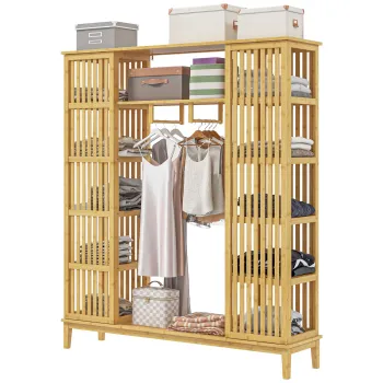 HOMCOM Dulap Deschis din Bambus cu 2 Usi Glisante, Garderoba cu Rafturi si Bara de Haine, 145x35x165 cm, Lemn Natural | Aosom Romania 64de imagine