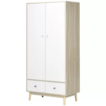HOMCOM Dulap din lemn cu 2 usi cu 4 compartimente, 2 sertare si cuier, din lemn si alb, 90x50x190cm 424e imagine