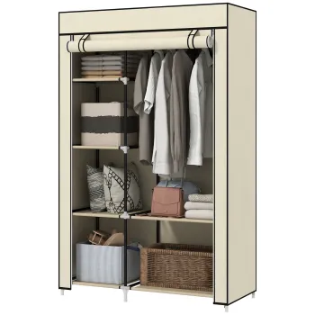 HOMCOM Dulap din Material Textil, Solutie de Depozitare, 6 Rafturi, 1 Bara pentru Haine, Bej | Aosom Romania 0e77 imagine