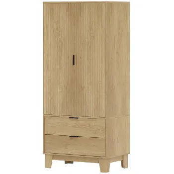 HOMCOM Dulap dormitor cu 2 usi cu inchidere silentioasa, 2 sertare si bara de agatare, 80x50x180cm, lemn natural | Aosom Romania 101c imagine