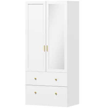 HOMCOM Dulap dormitor cu bara de suspendare si oglinda, 2 usi, 2 sertare, 80 x 50 x 180 cm, alb | Aosom Romania 6878 imagine