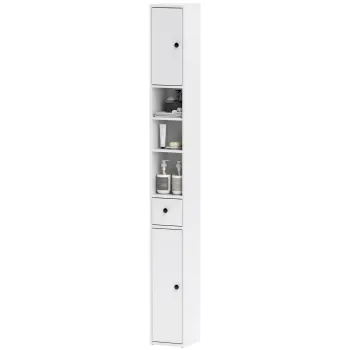 HOMCOM Dulap Inalt de Baie cu 2 Compartimente, 3 Rafturi Deschise si Sertar, 20x20x178 cm, Alb | Aosom Romania 09fe imagine