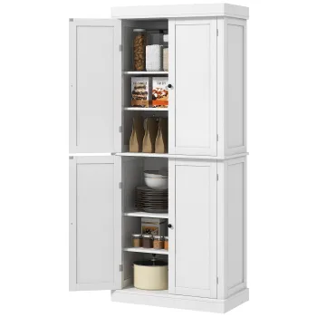 HOMCOM Dulap Inalt de Bucatarie cu 6 Rafturi si 2 Usi, Dulap cu Rafturi Reglabile din Lemn, 76x40,5x184 cm, Alb | Aosom Romania 5604 imagine