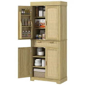 HOMCOM Dulap Inalt de Bucatarie in Stil Boho cu 2 Usi si un Sertar, Mobilier de Bucatarie, 76x40x183 cm, Stejar | Aosom Romania 87ba imagine