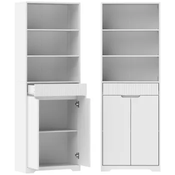 HOMCOM Dulap Inalt pentru Baie Coloana de Baie Ingusta cu 3 Rafturi Deschise Sertar Canelat Raft Reglabil Alb | Aosom Romania daa0 imagine