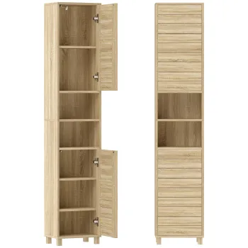 HOMCOM Dulap inalt pentru baie cu rafturi reglabile, usi cu lamele, deschidere prin apasare, 34x23x170 cm, Natural | Aosom Romania 4c0e imagine