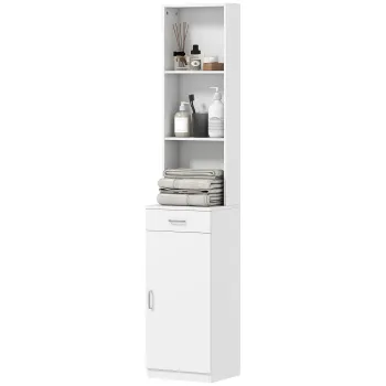 HOMCOM Dulap inalt pentru baie, design subtire, sertar, rafturi, dulap, placaj, alb | Aosom Romania c584 imagine