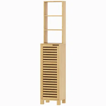 HOMCOM Dulap inalt pentru baie din bambus Coloana ingusta cu 3 polite deschise Usa cu lamele Rafturi reglabile 34x30x170 cm Natural | Aosom Romania 346f imagine