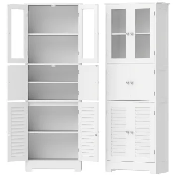 HOMCOM Dulap inalt pentru baie, mobilier de depozitare cu 6 usi dintre care 2 vitrate si 2 tip persiana, raft reglabil, alb | Aosom Romania 089f imagine