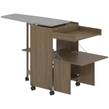 HOMCOM Dulap Masa de Calcat Pliabil cu Roti si Suport pentru Fier de Calcat, Dulap Multifunctional cu Rafturi, Compartiment Deschis, pentru Spalatorie, Baie, 154x55x87 cm, Maro | Aosom Romania f258 imagine