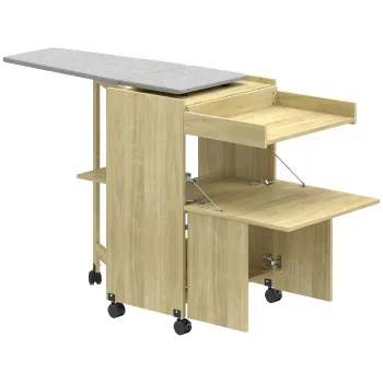 HOMCOM Dulap Masa de Calcat Rabatabila cu Roti si Suport pentru Fier de Calcat, Dulap Multifunctional cu Rafturi, Compartiment Deschis, pentru Spalatorie, Baie, 154x55x87 cm, Lemn Natural | Aosom Romania aa96 imagine