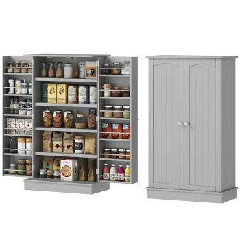 HOMCOM Dulap mobilier de bucatarie camara cu 2 usi cu 5 rafturi si 12 suporturi pentru condimente - 60 x 30 x 104 cm - gri | Aosom Romania effc imagine