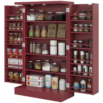 HOMCOM Dulap mobilier de bucatarie despensier 2 usi cu 5 rafturi si 12 recipiente pentru mirodenii - 60 x 30 x 104 cm - rosu | Aosom Romania 24aa imagine