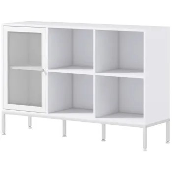 HOMCOM Dulap Modern de Depozitare cu Usa din Plasa, 4 Compartimente Deschise si Raft Reglabil, Dulap de Bucatarie sau Sufragerie, 120x37x81.5 cm, Alb 0abd imagine