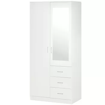 HOMCOM Dulap modern garderoba 2 usi cu oglinda si 3 sertare albe, rafturi reglabile si bara pentru umerase, 80x50x180cm, alb 62ec imagine
