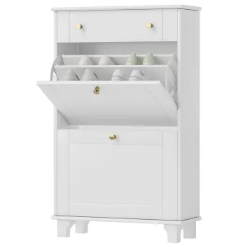 HOMCOM Dulap Pantofi de intrare ingust cu sertare cu usi basculante si raft ajustabil, 60 x 23,5 x 98,5 cm, alb | Aosom Romania f873 imagine